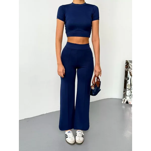 Osy Modal Yumuşak Dokulu Kumaş Kısa Kollu Crop Alt ispanyol Paça Pantalon ikili Takım - Lacivert