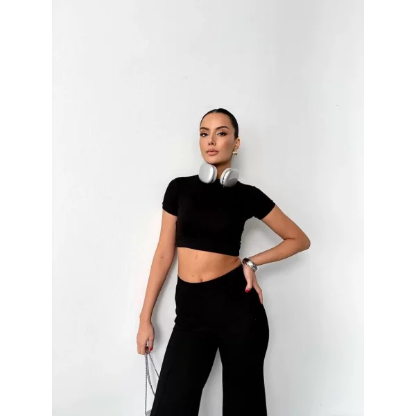 Osy Modal Yumuşak Dokulu Kumaş Kısa Kollu Crop Alt ispanyol Paça Pantalon ikili Takım - Siyah