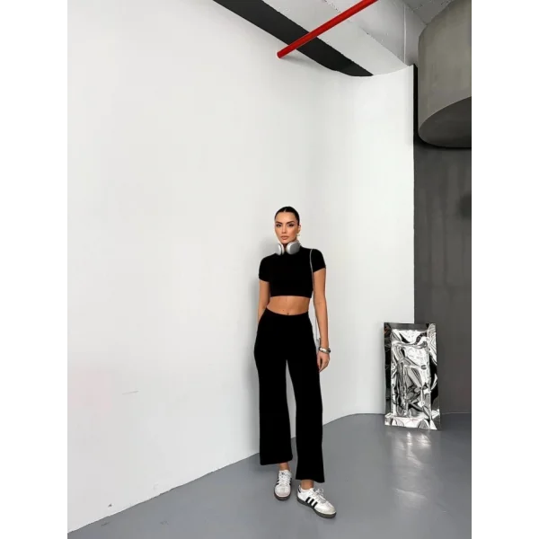 Osy Modal Yumuşak Dokulu Kumaş Kısa Kollu Crop Alt Ispanyol Paça Pantalon Ikili Takım - Siyah
