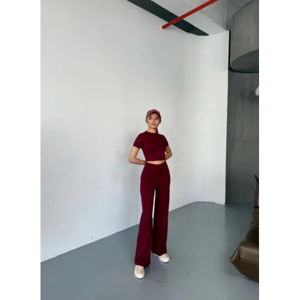 Osy Modal Yumuşak Dokulu Kumaş Kısa Kollu Crop Rahat Pantalon Ikili Takım - Bordo