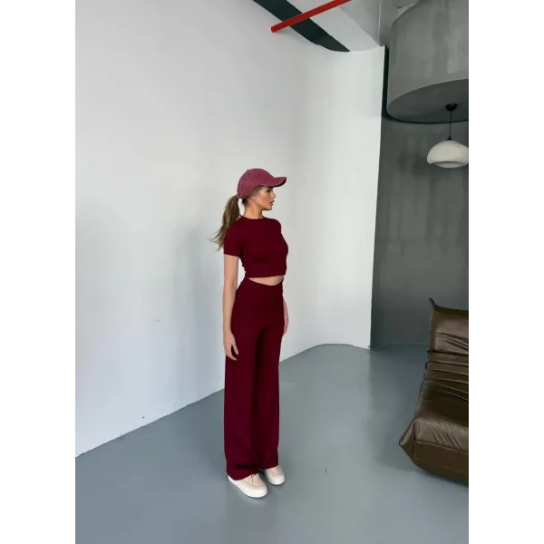 Osy Modal Yumuşak Dokulu Kumaş Kısa Kollu Crop Rahat Pantalon ikili Takım - Bordo