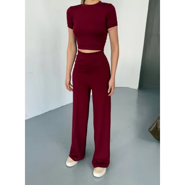 Osy Modal Yumuşak Dokulu Kumaş Kısa Kollu Crop Rahat Pantalon ikili Takım - Bordo