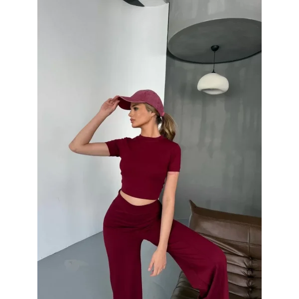 Osy Modal Yumuşak Dokulu Kumaş Kısa Kollu Crop Rahat Pantalon ikili Takım - Bordo