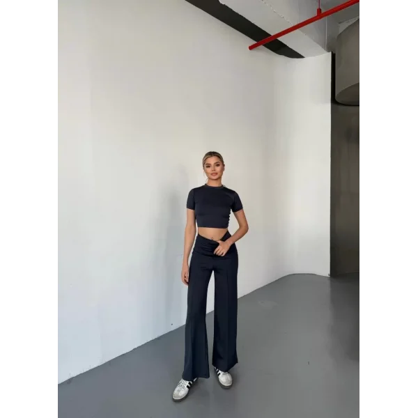 Osy Modal Yumuşak Dokulu Kumaş Kısa Kollu Crop Rahat Pantalon ikili Takım - Füme