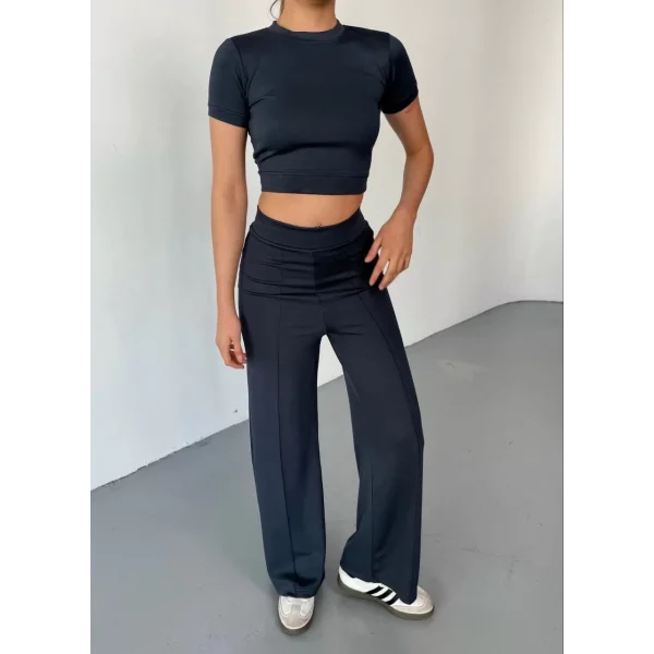 Osy Modal Yumuşak Dokulu Kumaş Kısa Kollu Crop Rahat Pantalon ikili Takım - Füme