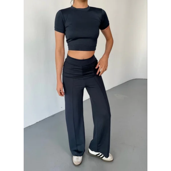 Osy Modal Yumuşak Dokulu Kumaş Kısa Kollu Crop Rahat Pantalon Ikili Takım - Füme