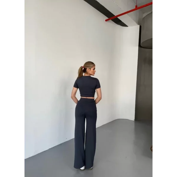 Osy Modal Yumuşak Dokulu Kumaş Kısa Kollu Crop Rahat Pantalon ikili Takım - Füme