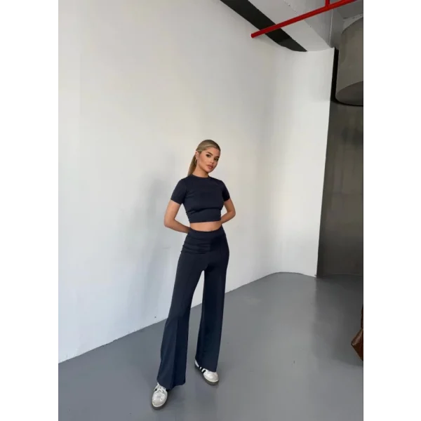 Osy Modal Yumuşak Dokulu Kumaş Kısa Kollu Crop Rahat Pantalon Ikili Takım - Füme