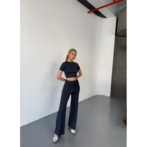 Osy Modal Yumuşak Dokulu Kumaş Kısa Kollu Crop Rahat Pantalon ikili Takım - Füme