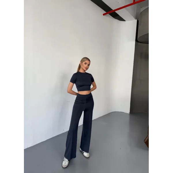 Osy Modal Yumuşak Dokulu Kumaş Kısa Kollu Crop Rahat Pantalon ikili Takım - Füme