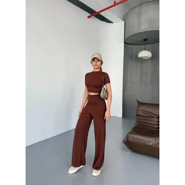 Osy Modal Yumuşak Dokulu Kumaş Kısa Kollu Crop Rahat Pantalon ikili Takım - Kahverengi