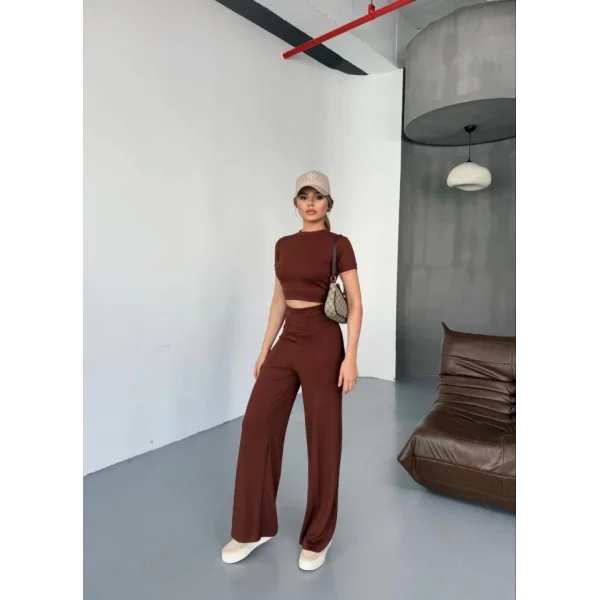 Osy Modal Yumuşak Dokulu Kumaş Kısa Kollu Crop Rahat Pantalon Ikili Takım - Kahverengi