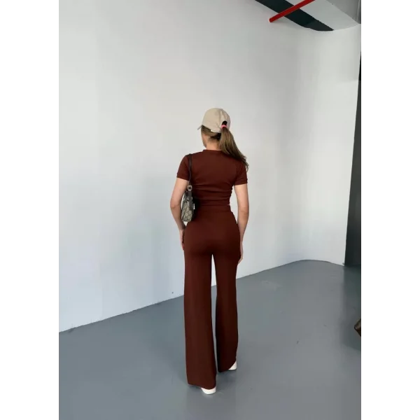 Osy Modal Yumuşak Dokulu Kumaş Kısa Kollu Crop Rahat Pantalon ikili Takım - Kahverengi