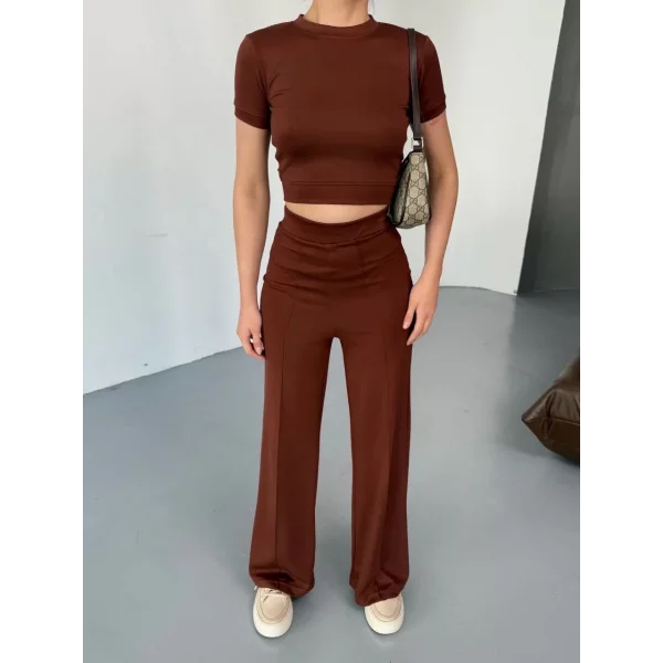 Osy Modal Yumuşak Dokulu Kumaş Kısa Kollu Crop Rahat Pantalon ikili Takım - Kahverengi