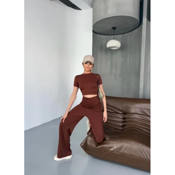 Osy Modal Yumuşak Dokulu Kumaş Kısa Kollu Crop Rahat Pantalon Ikili Takım - Kahverengi