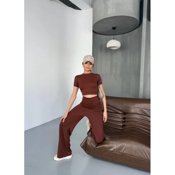 Osy Modal Yumuşak Dokulu Kumaş Kısa Kollu Crop Rahat Pantalon ikili Takım - Kahverengi