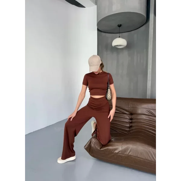 Osy Modal Yumuşak Dokulu Kumaş Kısa Kollu Crop Rahat Pantalon ikili Takım - Kahverengi