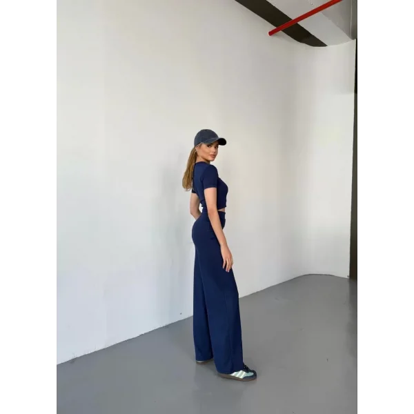 Osy Modal Yumuşak Dokulu Kumaş Kısa Kollu Crop Rahat Pantalon ikili Takım - Lacivert