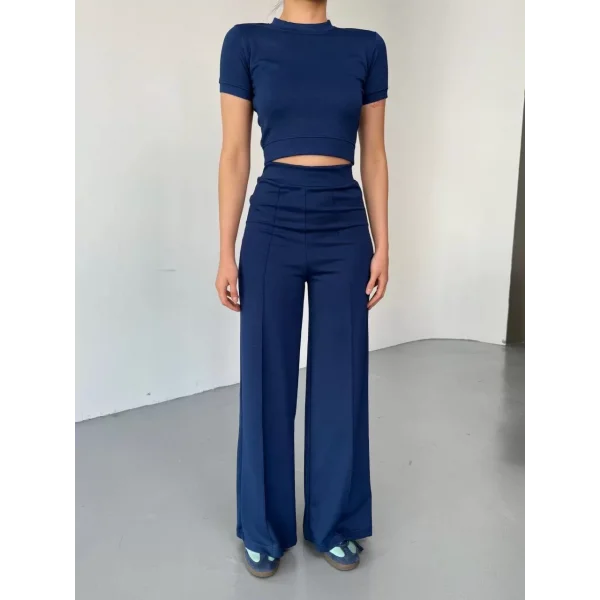 Osy Modal Yumuşak Dokulu Kumaş Kısa Kollu Crop Rahat Pantalon ikili Takım - Lacivert