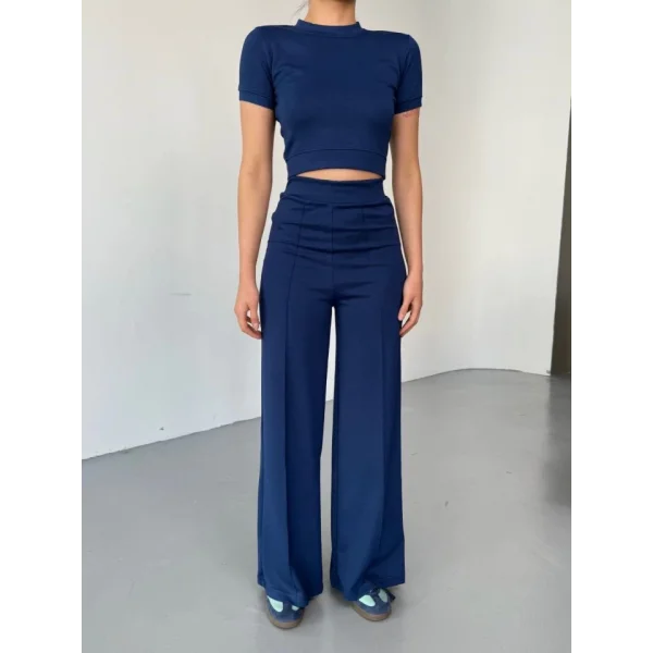 Osy Modal Yumuşak Dokulu Kumaş Kısa Kollu Crop Rahat Pantalon Ikili Takım - Lacivert