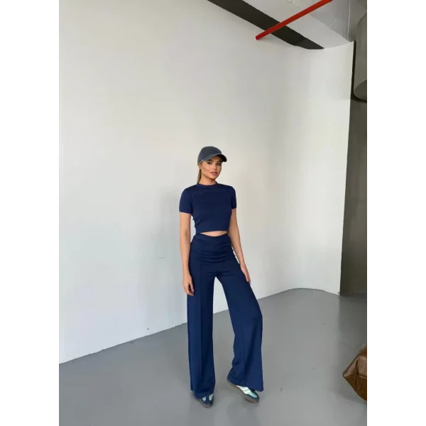 Osy Modal Yumuşak Dokulu Kumaş Kısa Kollu Crop Rahat Pantalon ikili Takım - Lacivert