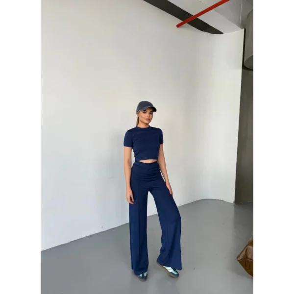 Osy Modal Yumuşak Dokulu Kumaş Kısa Kollu Crop Rahat Pantalon Ikili Takım - Lacivert