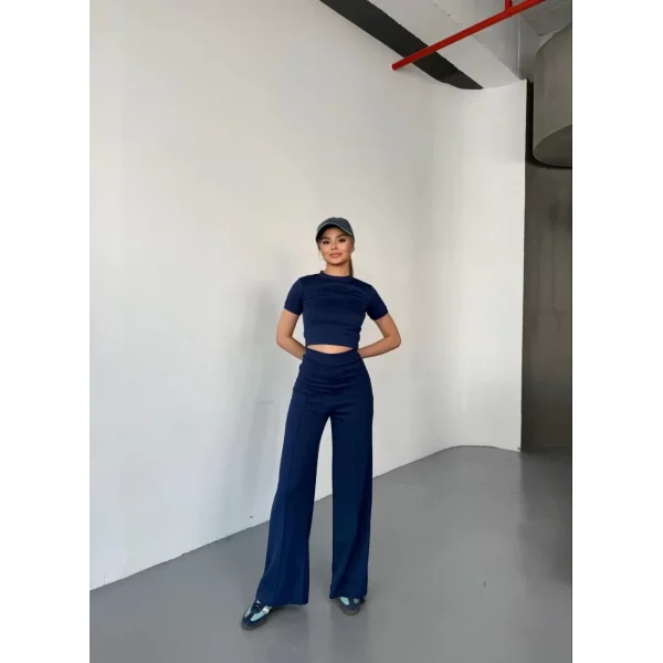 Osy Modal Yumuşak Dokulu Kumaş Kısa Kollu Crop Rahat Pantalon ikili Takım - Lacivert