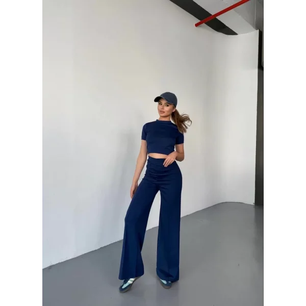 Osy Modal Yumuşak Dokulu Kumaş Kısa Kollu Crop Rahat Pantalon ikili Takım - Lacivert