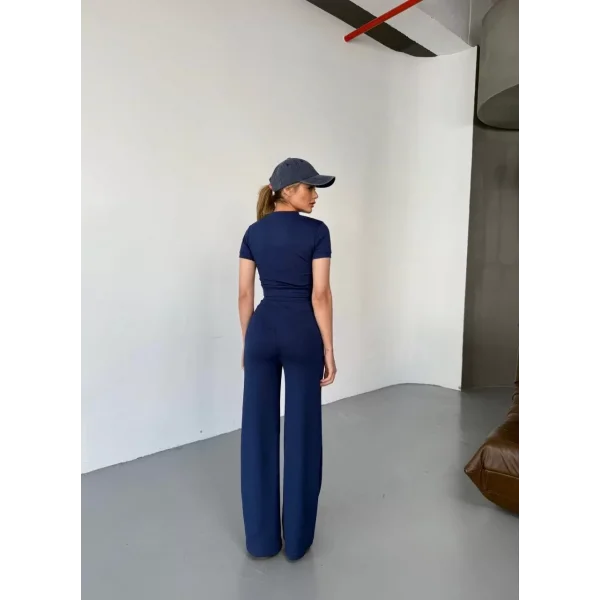 Osy Modal Yumuşak Dokulu Kumaş Kısa Kollu Crop Rahat Pantalon ikili Takım - Lacivert