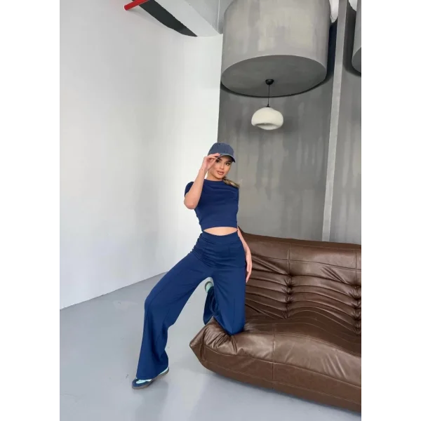 Osy Modal Yumuşak Dokulu Kumaş Kısa Kollu Crop Rahat Pantalon ikili Takım - Lacivert