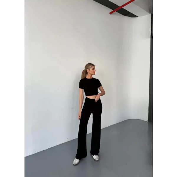 Osy Modal Yumuşak Dokulu Kumaş Kısa Kollu Crop Rahat Pantalon ikili Takım - Siyah