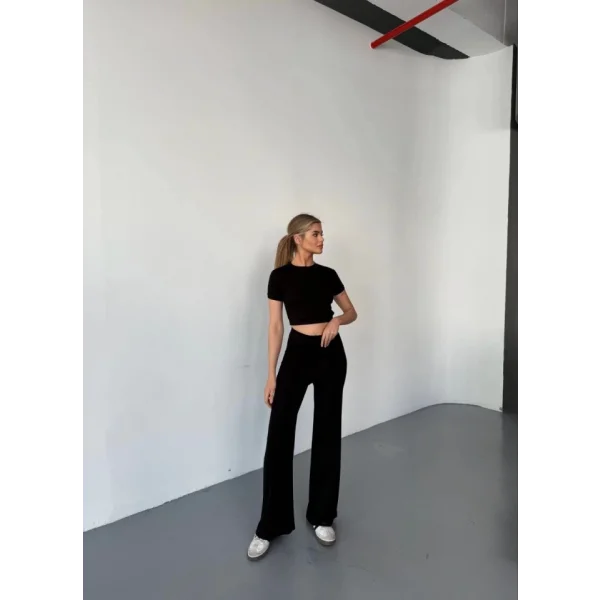 Osy Modal Yumuşak Dokulu Kumaş Kısa Kollu Crop Rahat Pantalon Ikili Takım - Siyah