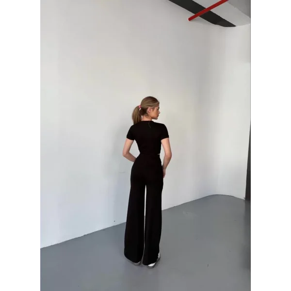 Osy Modal Yumuşak Dokulu Kumaş Kısa Kollu Crop Rahat Pantalon ikili Takım - Siyah