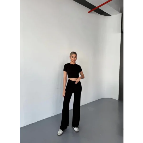 Osy Modal Yumuşak Dokulu Kumaş Kısa Kollu Crop Rahat Pantalon Ikili Takım - Siyah