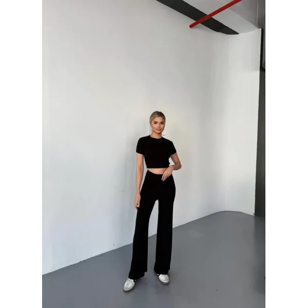Osy Modal Yumuşak Dokulu Kumaş Kısa Kollu Crop Rahat Pantalon ikili Takım - Siyah
