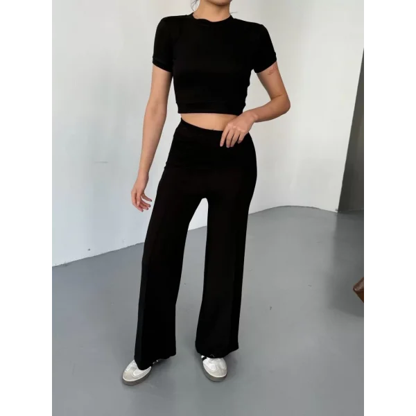 Osy Modal Yumuşak Dokulu Kumaş Kısa Kollu Crop Rahat Pantalon ikili Takım - Siyah