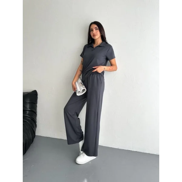 Osy Modal Yumuşak Dokulu Kumaş Kısa Kollu Yakalı T-shirt Pantalon Ikili Takım- Antrasit