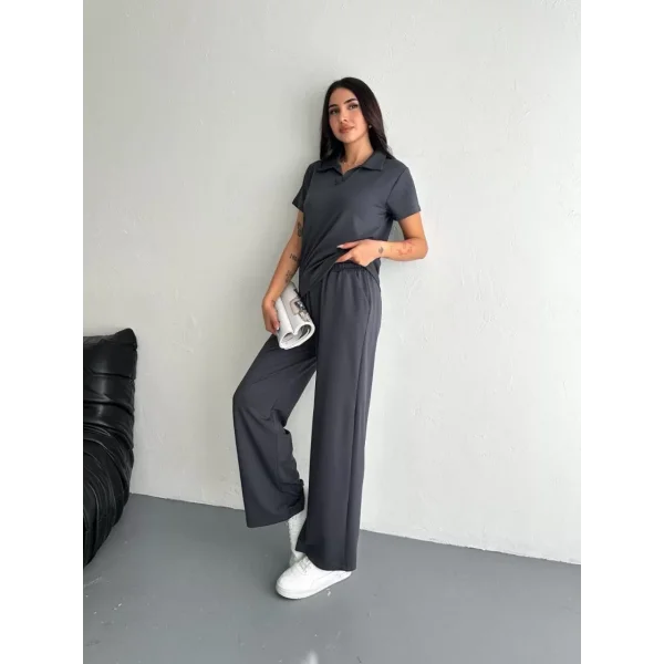 Osy Modal Yumuşak Dokulu Kumaş Kısa Kollu Yakalı T-shirt Pantalon ikili Takım- Antrasit