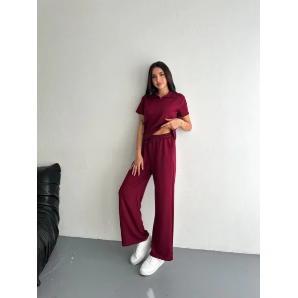 Osy Modal Yumuşak Dokulu Kumaş Kısa Kollu Yakalı T-shirt Pantalon Ikili Takım- Bordo