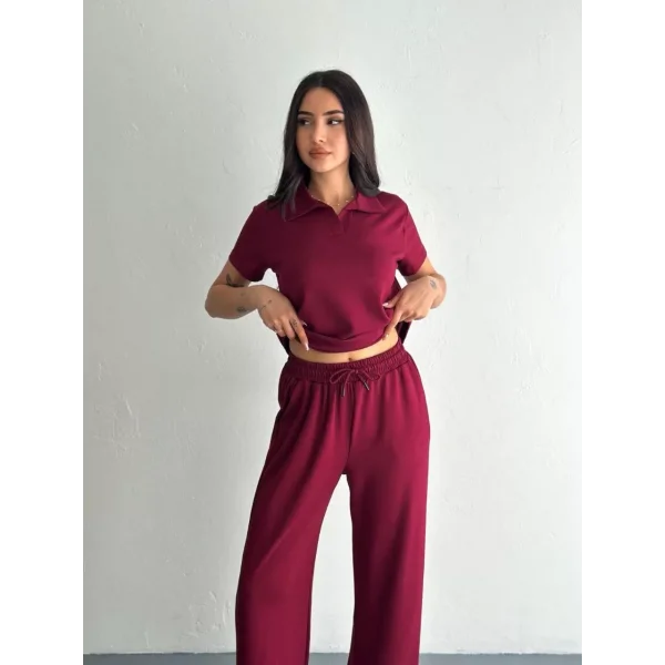 Osy Modal Yumuşak Dokulu Kumaş Kısa Kollu Yakalı T-shirt Pantalon ikili Takım- Bordo