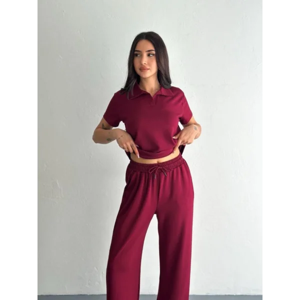 Osy Modal Yumuşak Dokulu Kumaş Kısa Kollu Yakalı T-shirt Pantalon Ikili Takım- Bordo