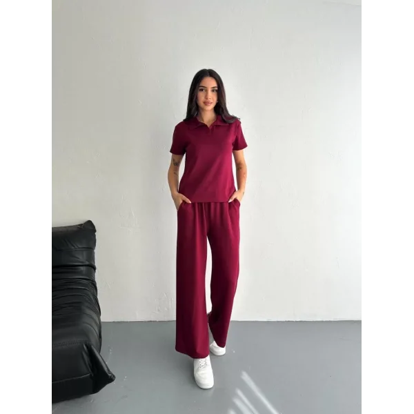 Osy Modal Yumuşak Dokulu Kumaş Kısa Kollu Yakalı T-shirt Pantalon ikili Takım- Bordo