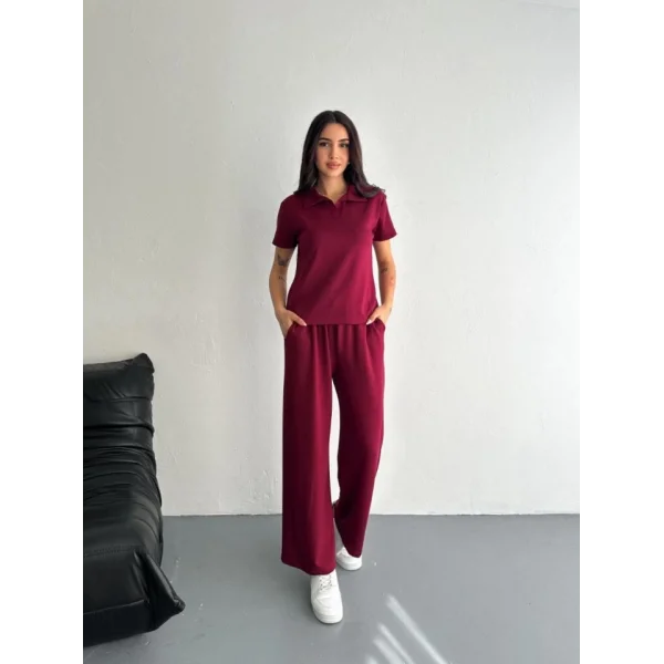 Osy Modal Yumuşak Dokulu Kumaş Kısa Kollu Yakalı T-shirt Pantalon Ikili Takım- Bordo