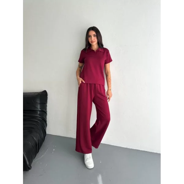 Osy Modal Yumuşak Dokulu Kumaş Kısa Kollu Yakalı T-shirt Pantalon ikili Takım- Bordo