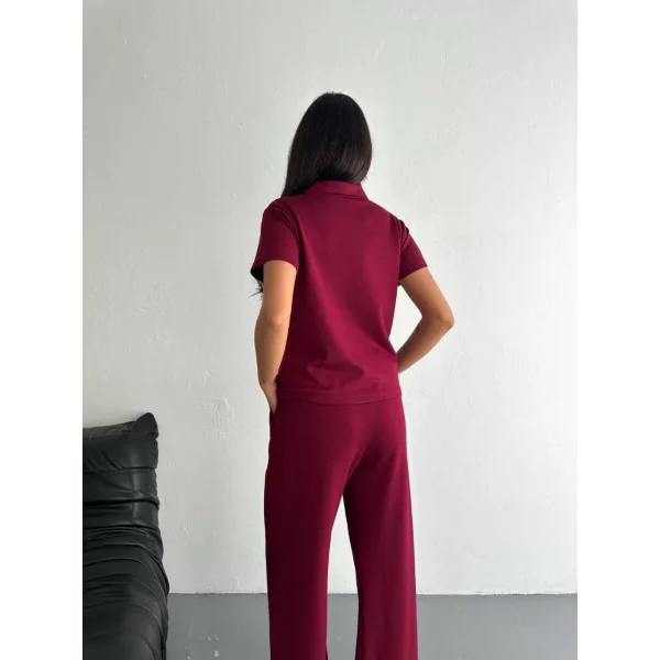 Osy Modal Yumuşak Dokulu Kumaş Kısa Kollu Yakalı T-shirt Pantalon ikili Takım- Bordo