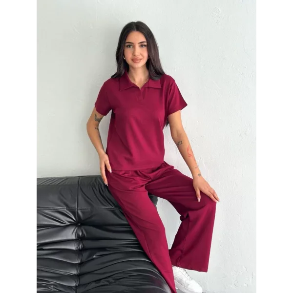 Osy Modal Yumuşak Dokulu Kumaş Kısa Kollu Yakalı T-shirt Pantalon ikili Takım- Bordo