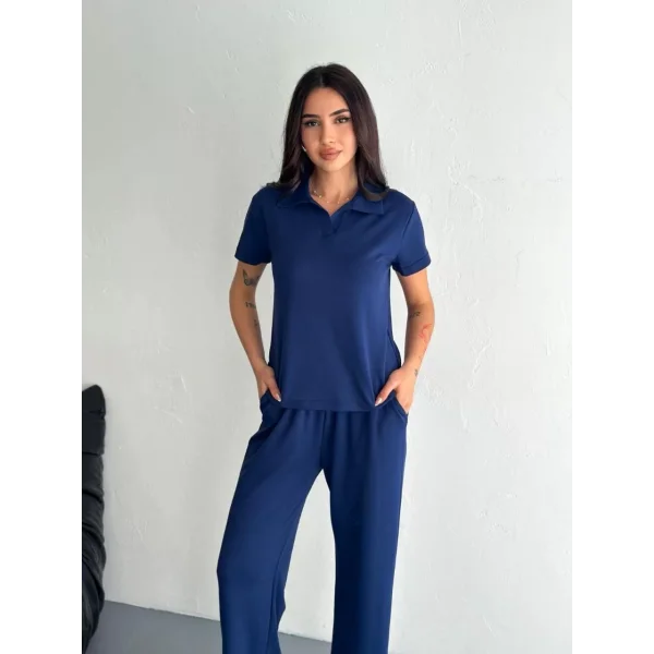 Osy Modal Yumuşak Dokulu Kumaş Kısa Kollu Yakalı T-shirt Pantalon ikili Takım- Lacivert