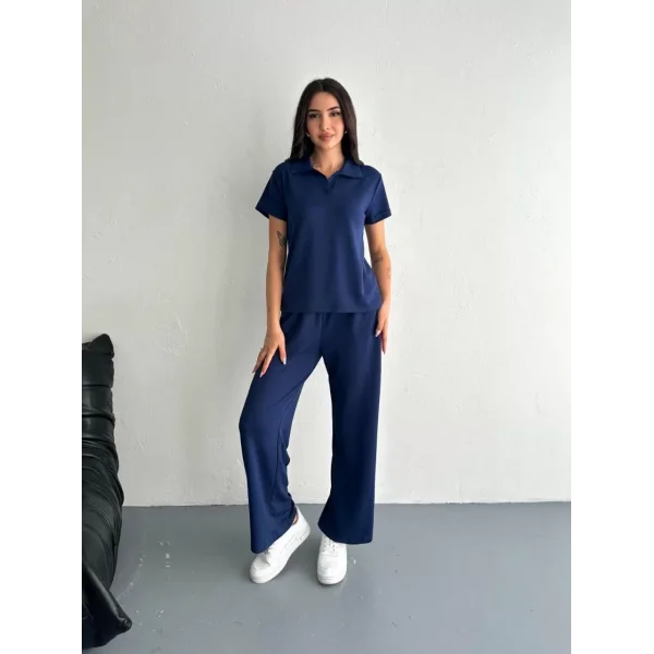 Osy Modal Yumuşak Dokulu Kumaş Kısa Kollu Yakalı T-shirt Pantalon ikili Takım- Lacivert