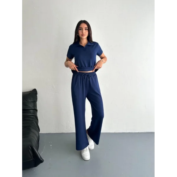 Osy Modal Yumuşak Dokulu Kumaş Kısa Kollu Yakalı T-shirt Pantalon Ikili Takım- Lacivert