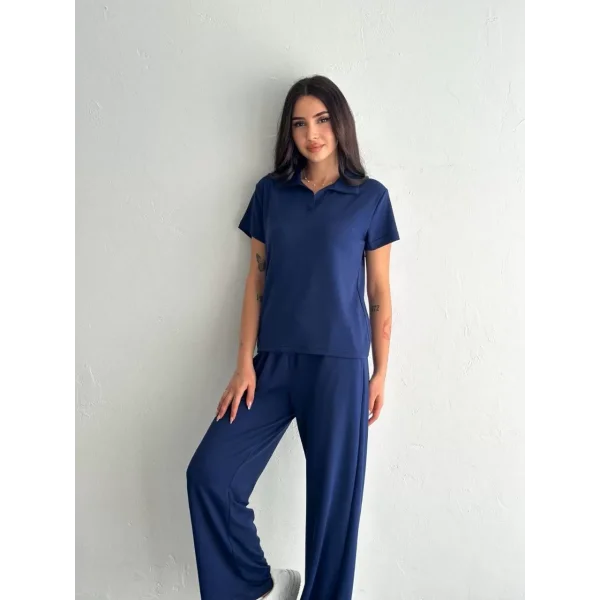 Osy Modal Yumuşak Dokulu Kumaş Kısa Kollu Yakalı T-shirt Pantalon ikili Takım- Lacivert